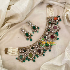 Multicolor Victorian Diamond High Neck Choker -Navrathna-VV655