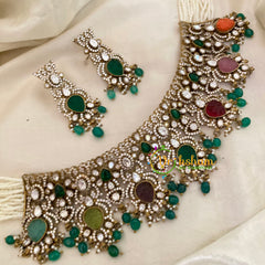 Multicolor Victorian Diamond High Neck Choker -Navrathna-VV655