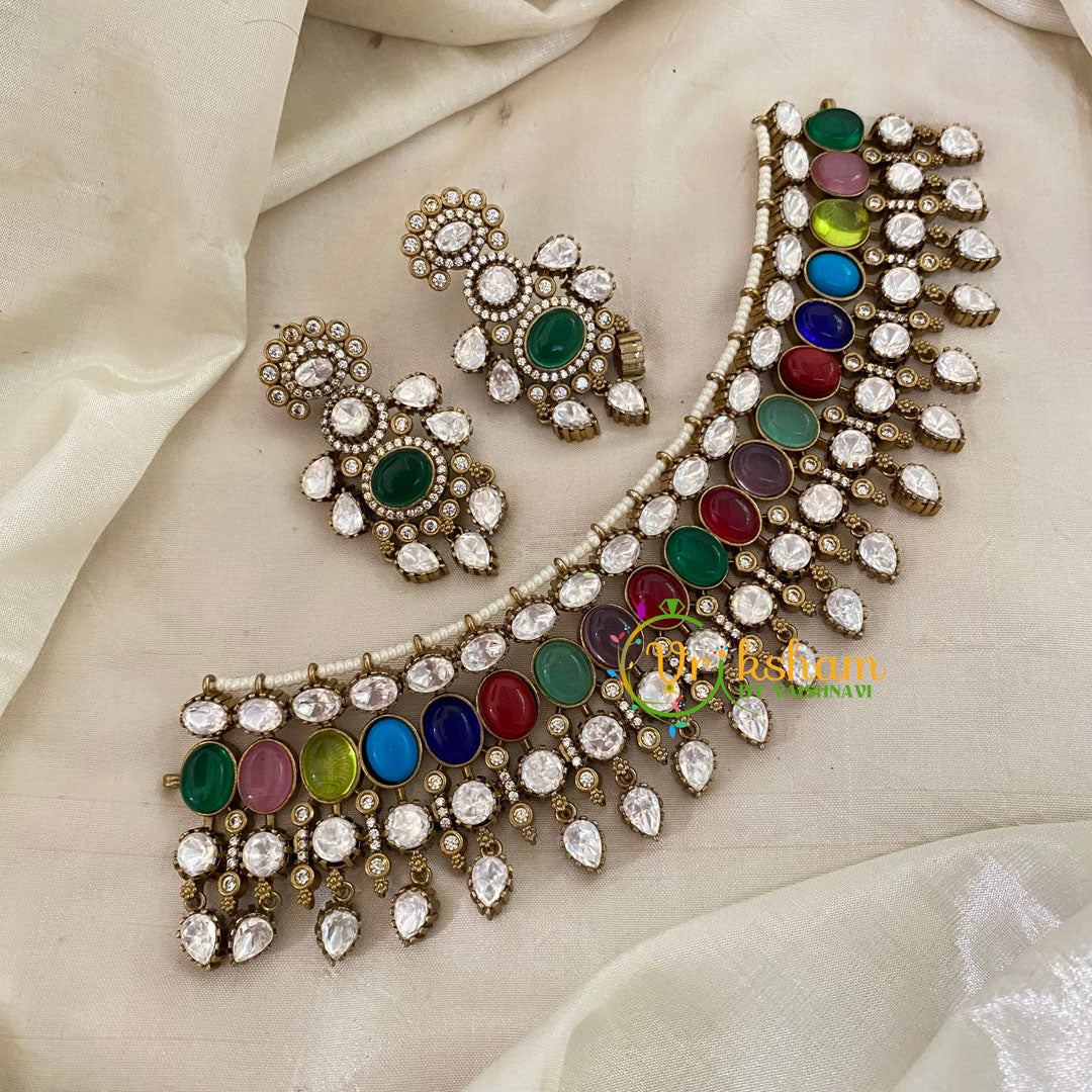 Navrathna Mulicolor Victorian Diamond High Neck Choker-VV690