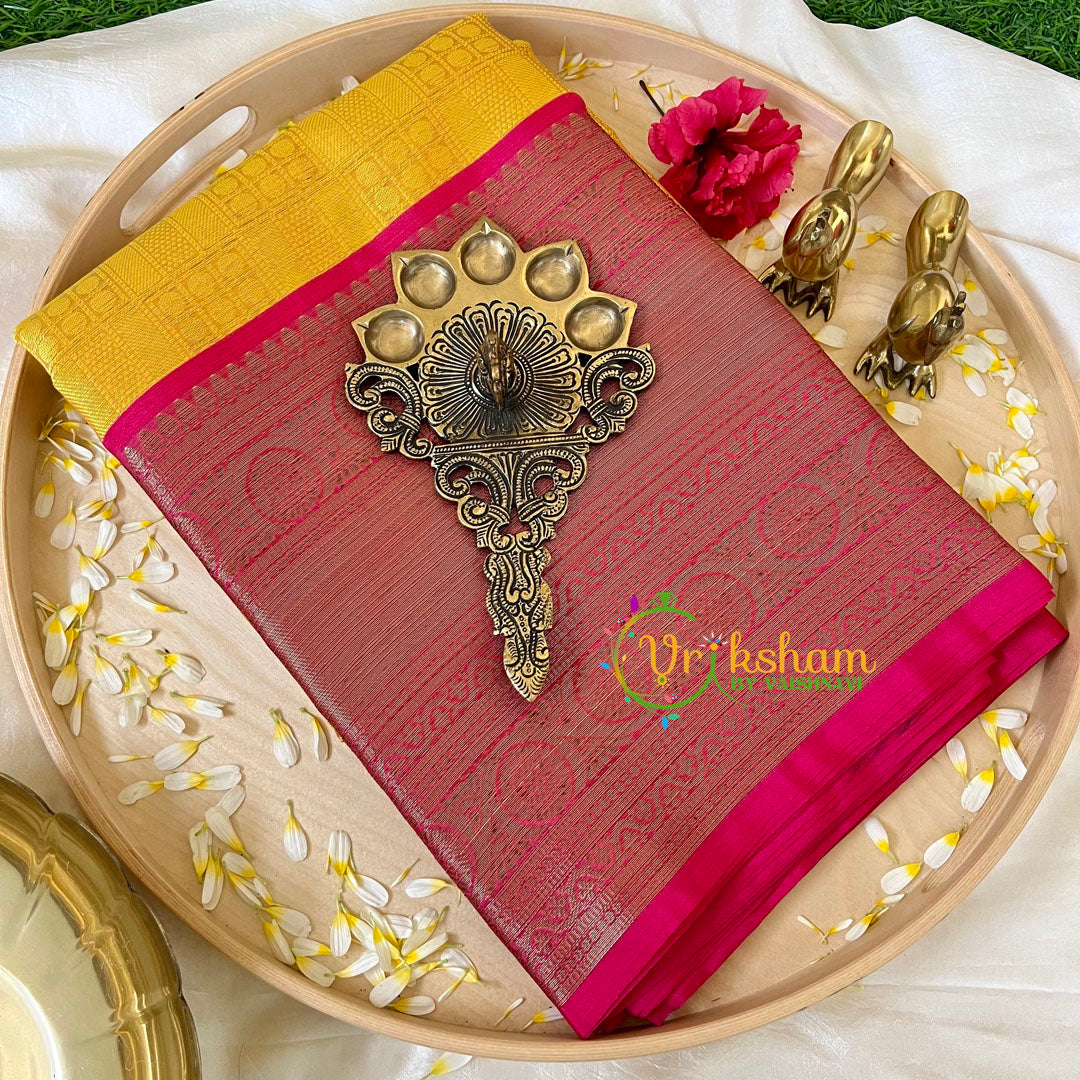 Yellow with Pink Kora Muslin Saree-VS506