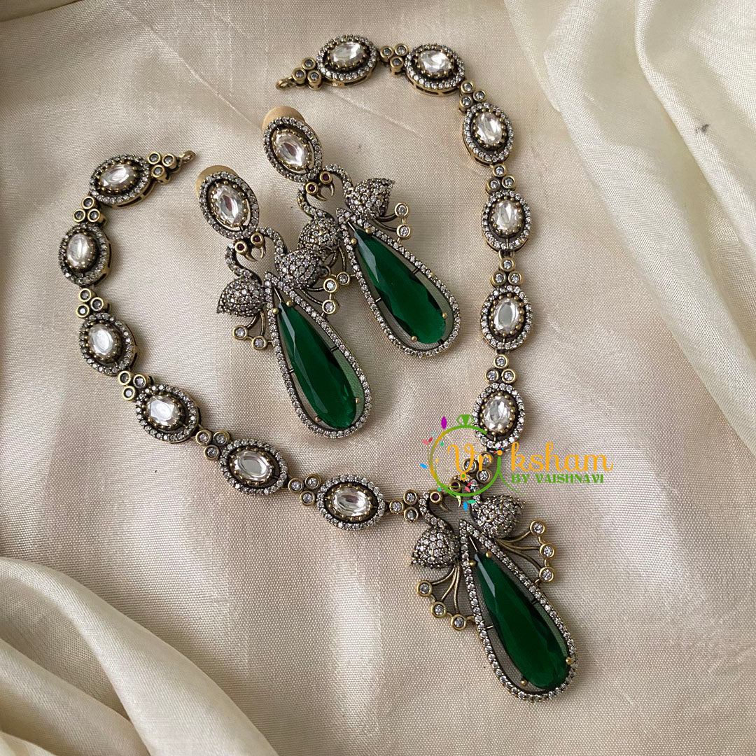 Green Victorian Diamond Pendant Neckpiece-Long Tear Drop-VV716