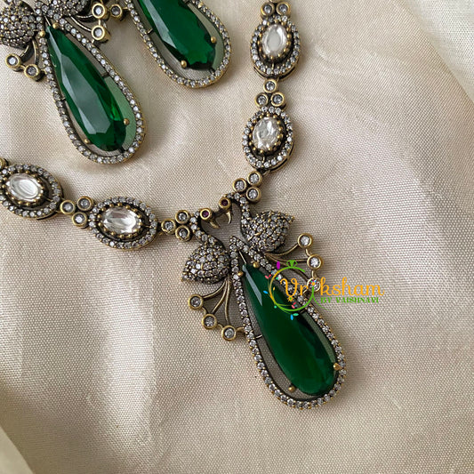 Green Victorian Diamond Pendant Neckpiece-Long Tear Drop-VV716