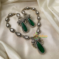 Green Victorian Diamond Pendant Neckpiece-Long Tear Drop-VV716