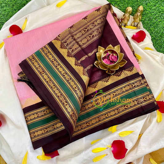 Rose Milk Pink Silk Cotton Saree-Handloom Korvai-VS329