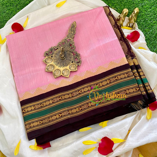 Rose Milk Pink Silk Cotton Saree-Handloom Korvai-VS329