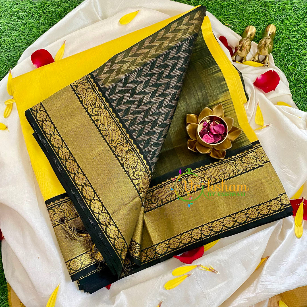 Yellow with Black Silk Cotton Saree- Korvai Handloom -VS331