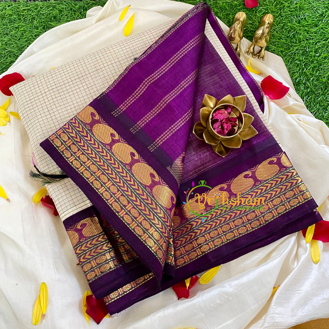 Half White with Purple Silk Cotton Saree-Korvai Handloom-VS333