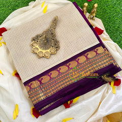 Half White with Purple Silk Cotton Saree-Korvai Handloom-VS333