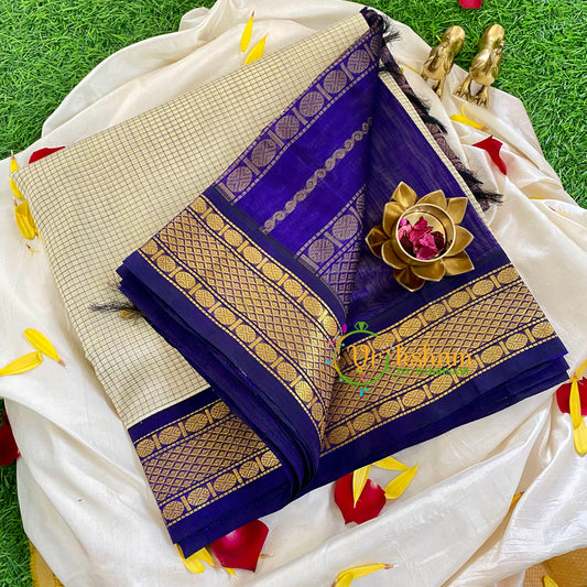 Half White with Blue Silk Cotton Saree-Korvai Handloom-VS334