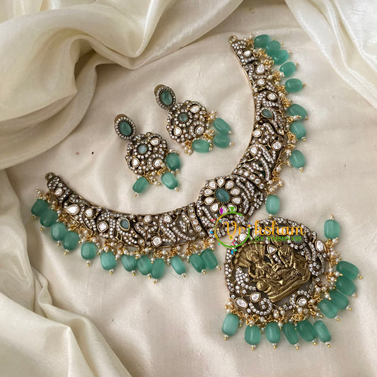 Vishnu Temple Victorian Diamond Short Neckpiece-Pastel Green-VV740