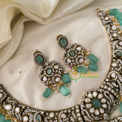 Vishnu Temple Victorian Diamond Short Neckpiece-Pastel Green-VV740