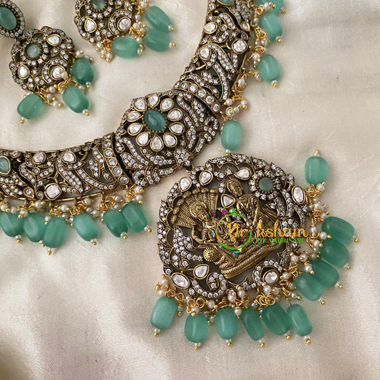 Vishnu Temple Victorian Diamond Short Neckpiece-Pastel Green-VV740