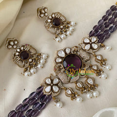 Purple Bead Victorian Diamond High Neck Choker -VV656