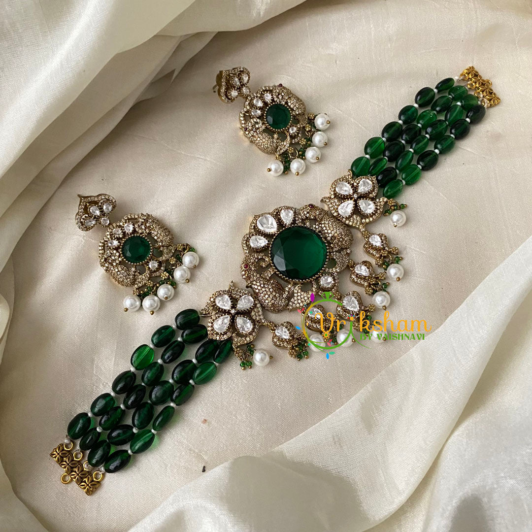 Emerald Green Victorian Diamond High Neck Choker-VV658