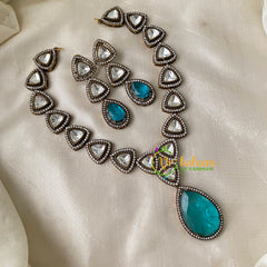 Aqua Blue Victorian Diamond Tear Drop Pendant Neckpiece -VV699