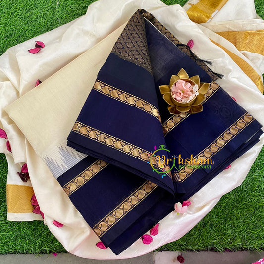  Half White and Dark Blue Border Saree-VS342