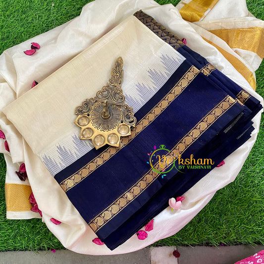  Half White and Dark Blue Border Saree-VS342