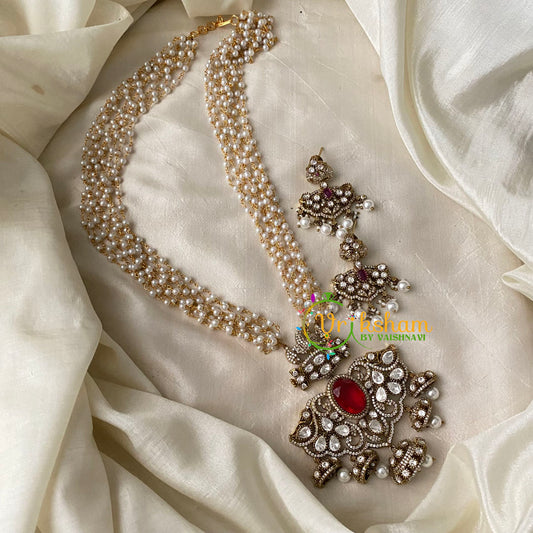 Pearl Victorian Diamond Pendant Neckpiece-Red-VV697