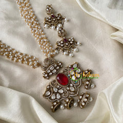 Pearl Victorian Diamond Pendant Neckpiece-Red-VV697