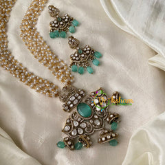 Pearl Victorian Diamond Pendant Neckpiece-Pastel Green-VV696