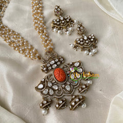 Pearl Victorian Diamond Pendant Neckpiece -Orange -VV695