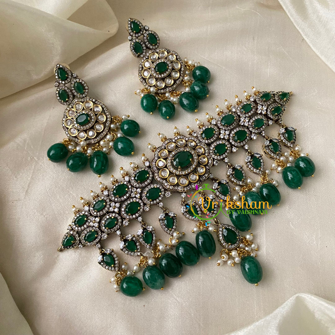 Emerald Green Victorian Diamond High Neck Choker-VV687