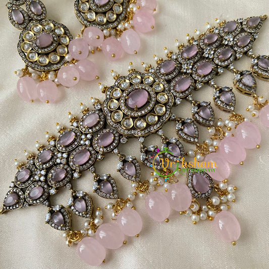 Pastel Pink Victorian Diamond High Neck Choker-VV685