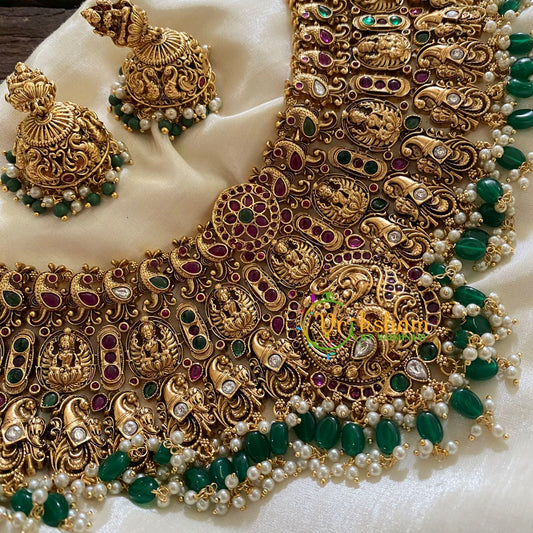 Premium Antique Temple Lakshmi Short Neckpiece-Peacock-Green Bead-G7868