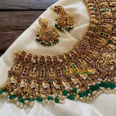 Premium Antique Temple Lakshmi Short Neckpiece-Peacock-Green Bead-G7868