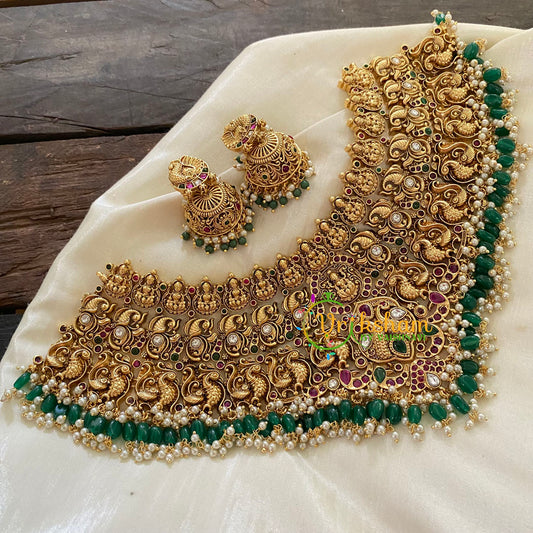 Premium Antique Temple Lakshmi Short Neckpiece-Dual Peacock-Green Bead-G7869