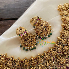 Premium Antique Temple Lakshmi Short Neckpiece-Dual Peacock-Green Bead-G7869