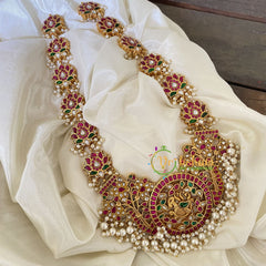 Precious Jadau Kundan haram with pendant-Pearl-J741
