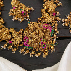 Precious Jadau Kundan Temple Short Neckpiece- Gold Bead and Pearl-J710