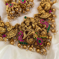 Precious Jadau Kundan Temple Short Neckpiece- Gold Bead and Pearl-J710