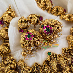 Precious Jadau Kundan Temple Short Neckpiece- Gold Bead and Pearl-J710