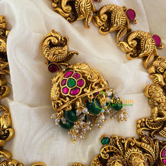 Precious Jadau Kundan Temple Short Neckpiece- Green Bead-J711