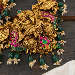 Precious Jadau Kundan Temple Short Neckpiece- Green Bead-J711