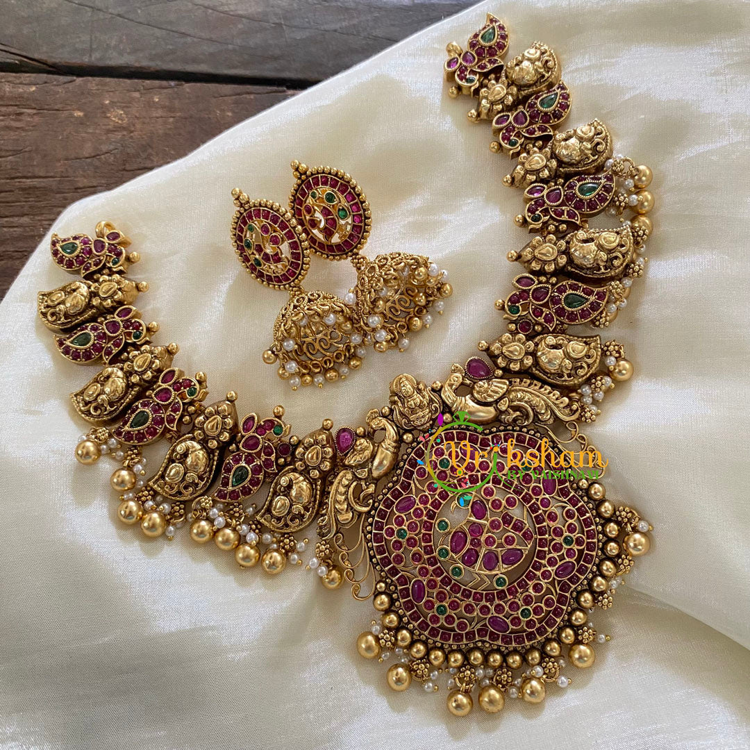 Traditional Lakshmi Pendant peacock Neckpiece-Gold-G8005