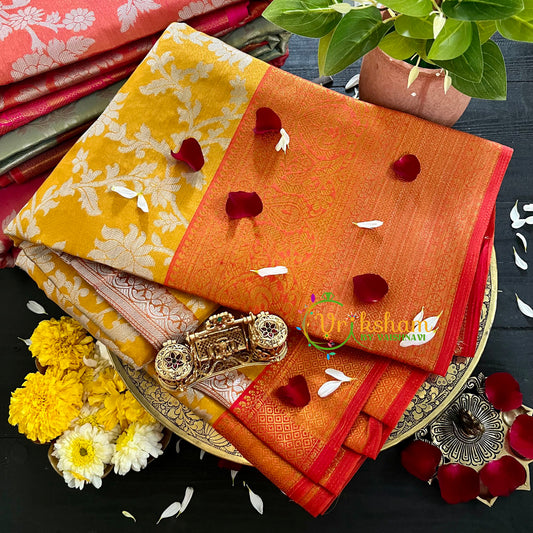 Yellow Orange Semi Banarasi Saree-Festive Banarasi Saree-SA0002