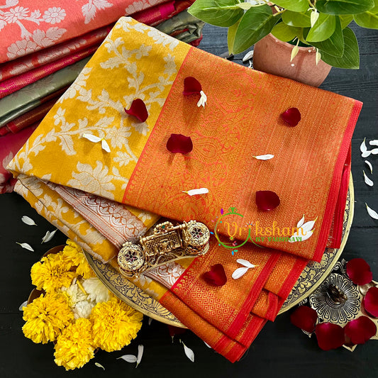 Yellow Orange Semi Banarasi Saree-Festive Banarasi Saree-SA0002