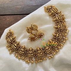 Gold Look Alike Antique Lakshmi Choker Short Neckpiece- Pearl and Gold - G7873