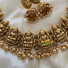 Gold Look Alike Antique Lakshmi Choker Short Neckpiece- Pearl and Gold - G7873