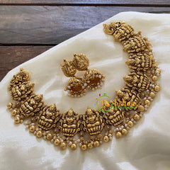 Gold Look Alike Antique Lakshmi Choker Short Neckpiece- Pearl and Gold - G7873