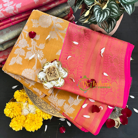 Yellow Pink Semi Banarasi Saree-Festive Banarasi Saree-SA0004