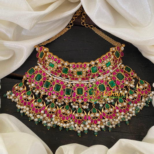 Precious Jadau Kundan Statement Bridal High Neck Choker-Red Green-J715