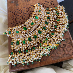 Precious Jadau Kundan Statement Bridal High Neck Choker-Green White-J716