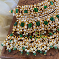 Precious Jadau Kundan Statement Bridal High Neck Choker-Green White-J716