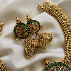 Peacock AD Stone Pendant Short Neckpiece-Green Red-Gold Bead-G7881