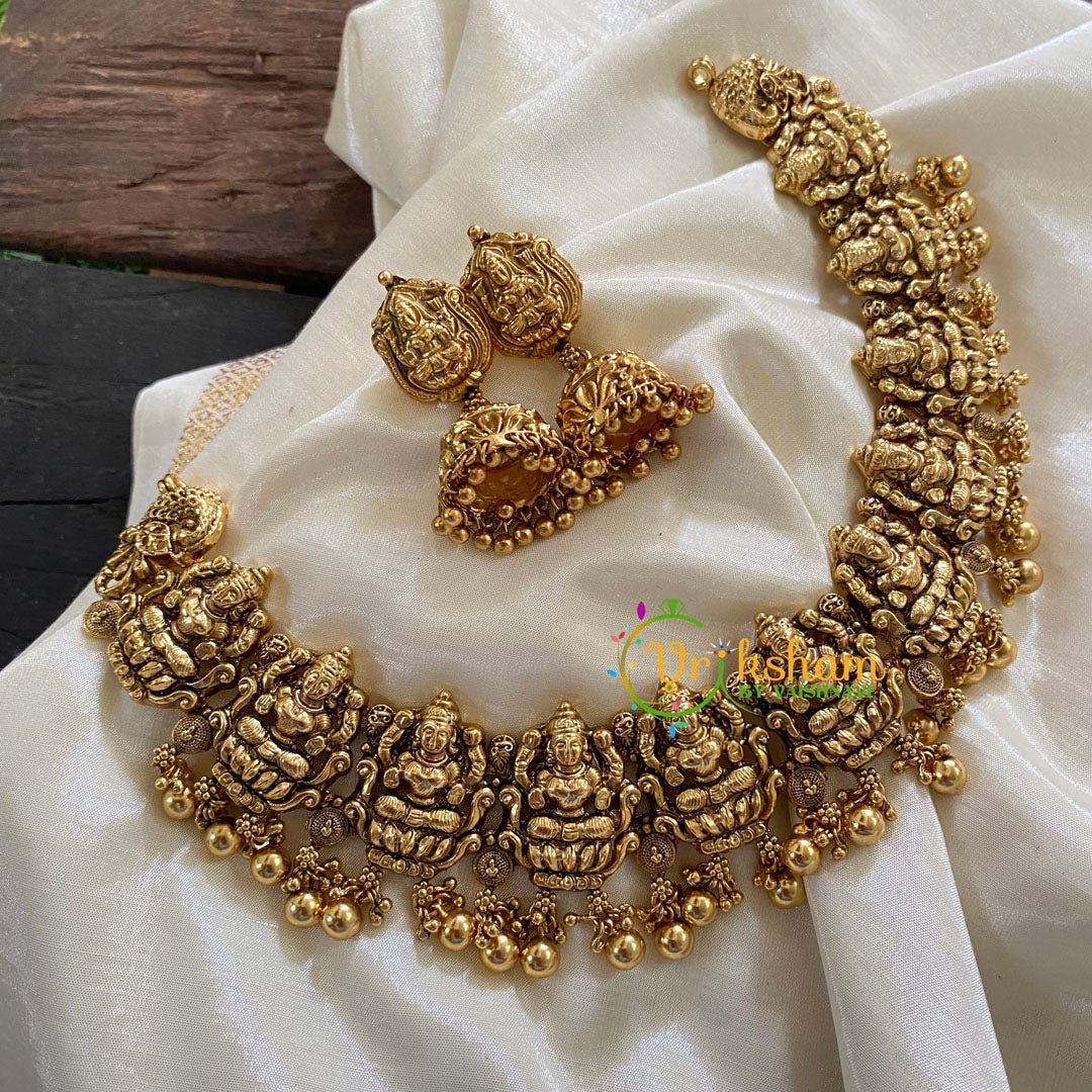 Gold Look Alike Antique Lakshmi Choker Short Neckpiece-Gold Bead - G7872