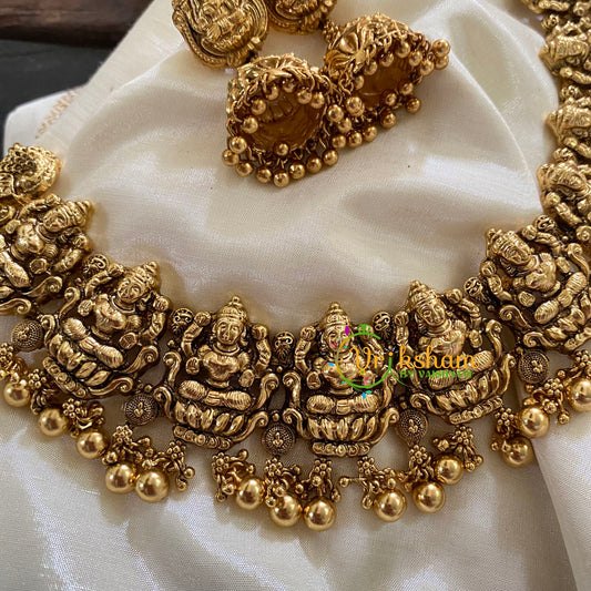 Gold Look Alike Antique Lakshmi Choker Short Neckpiece-Gold Bead - G7872